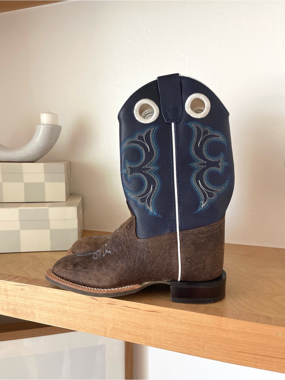 Old West Broad Square Toe Western Bull Hide Blue Brown Leather Cowboy Boots 3.5